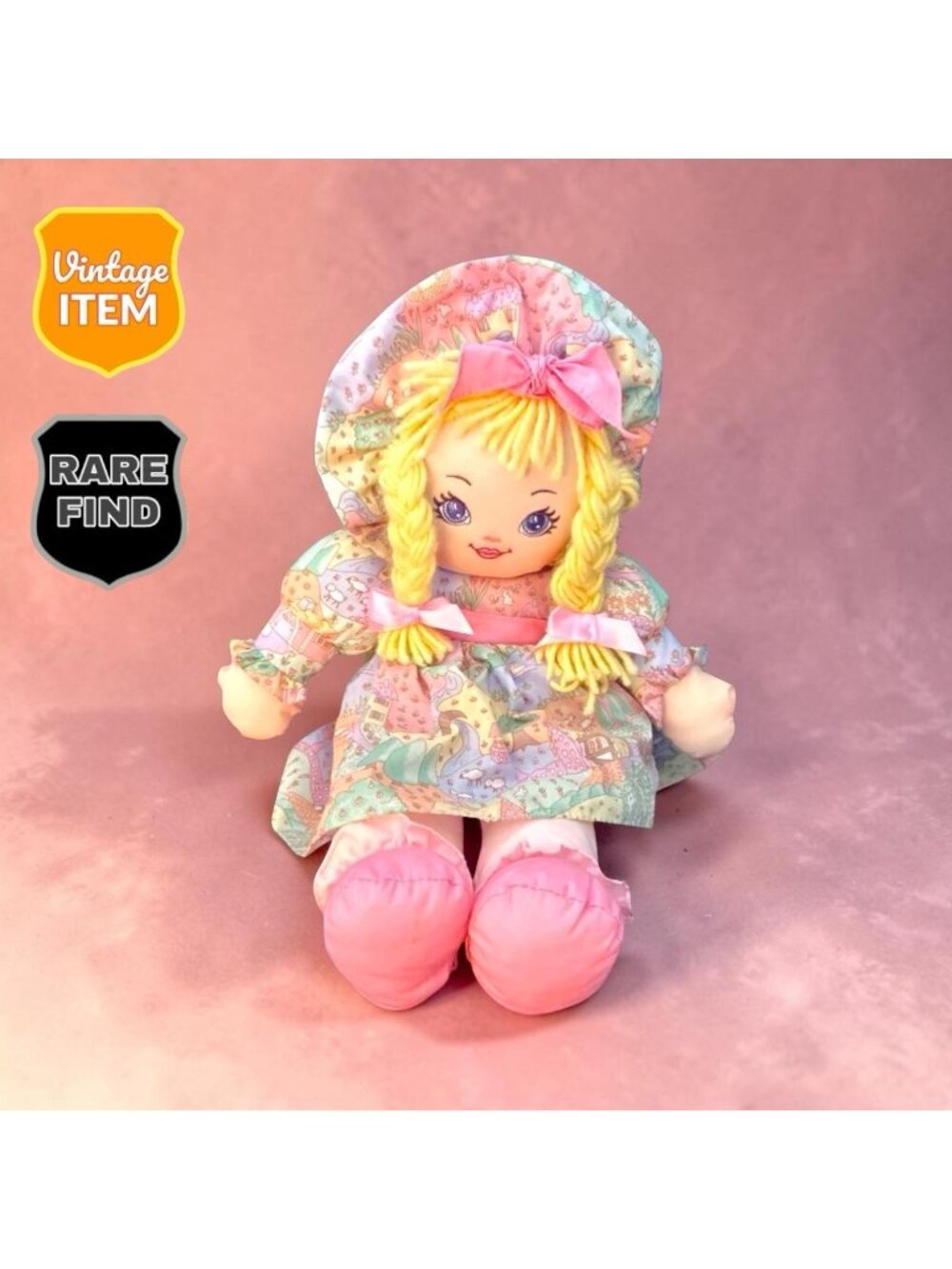 VINTAGE Sweetie Mine Rag Doll Cloth Plush 22" Blonde Pink Bow Cottagecore 1995